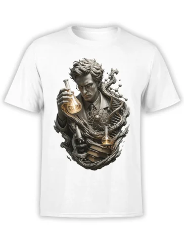 Vintage scientist holding a glowing flask with DNA, atom, microscope, and books on a white T-shirt