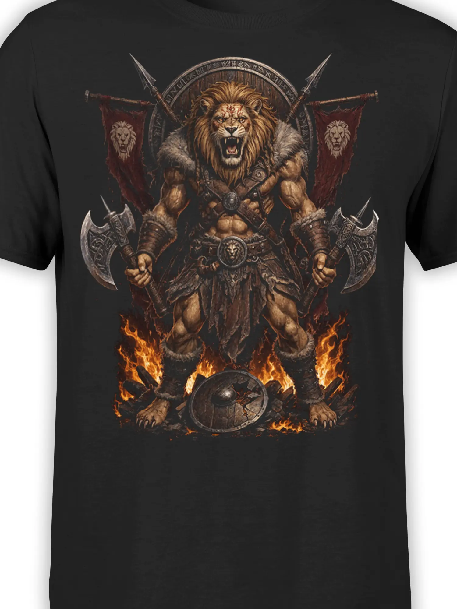 Detailed lion warrior artwork with axes, armor, shield, and flames on a black T-shirt