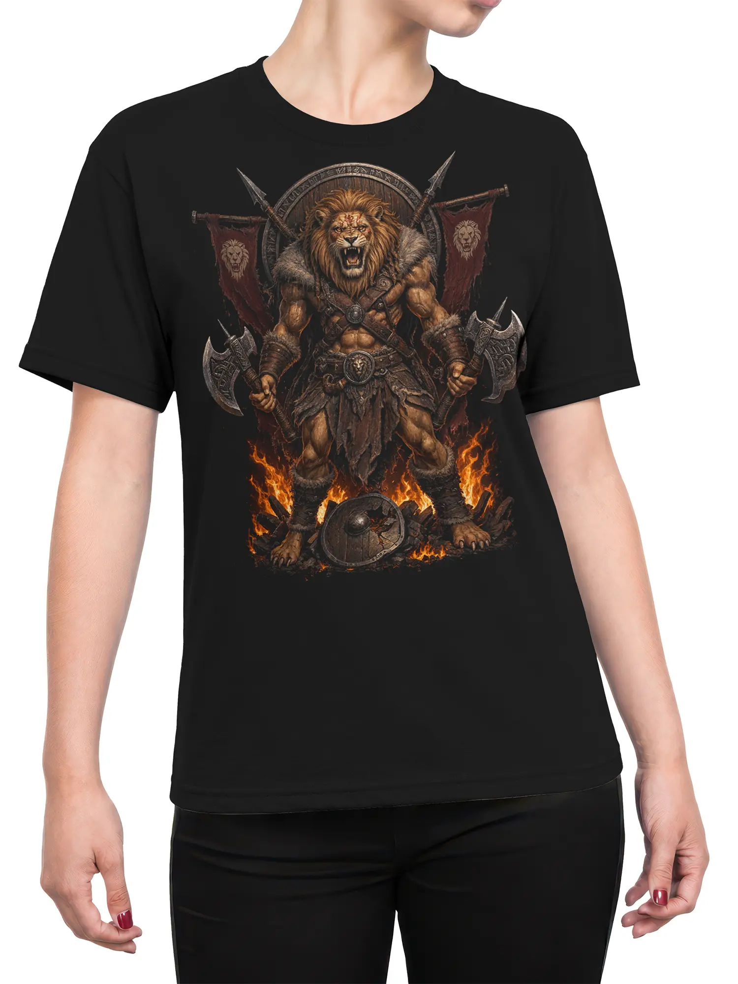 Female torso wearing a black T-shirt with an armored lion warrior, twin axes, and flames