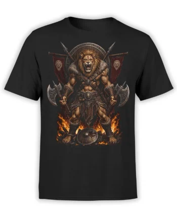 Armored lion warrior holding twin axes amid flames and banners on a black T-shirt