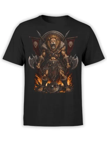 Armored lion warrior holding twin axes amid flames and banners on a black T-shirt