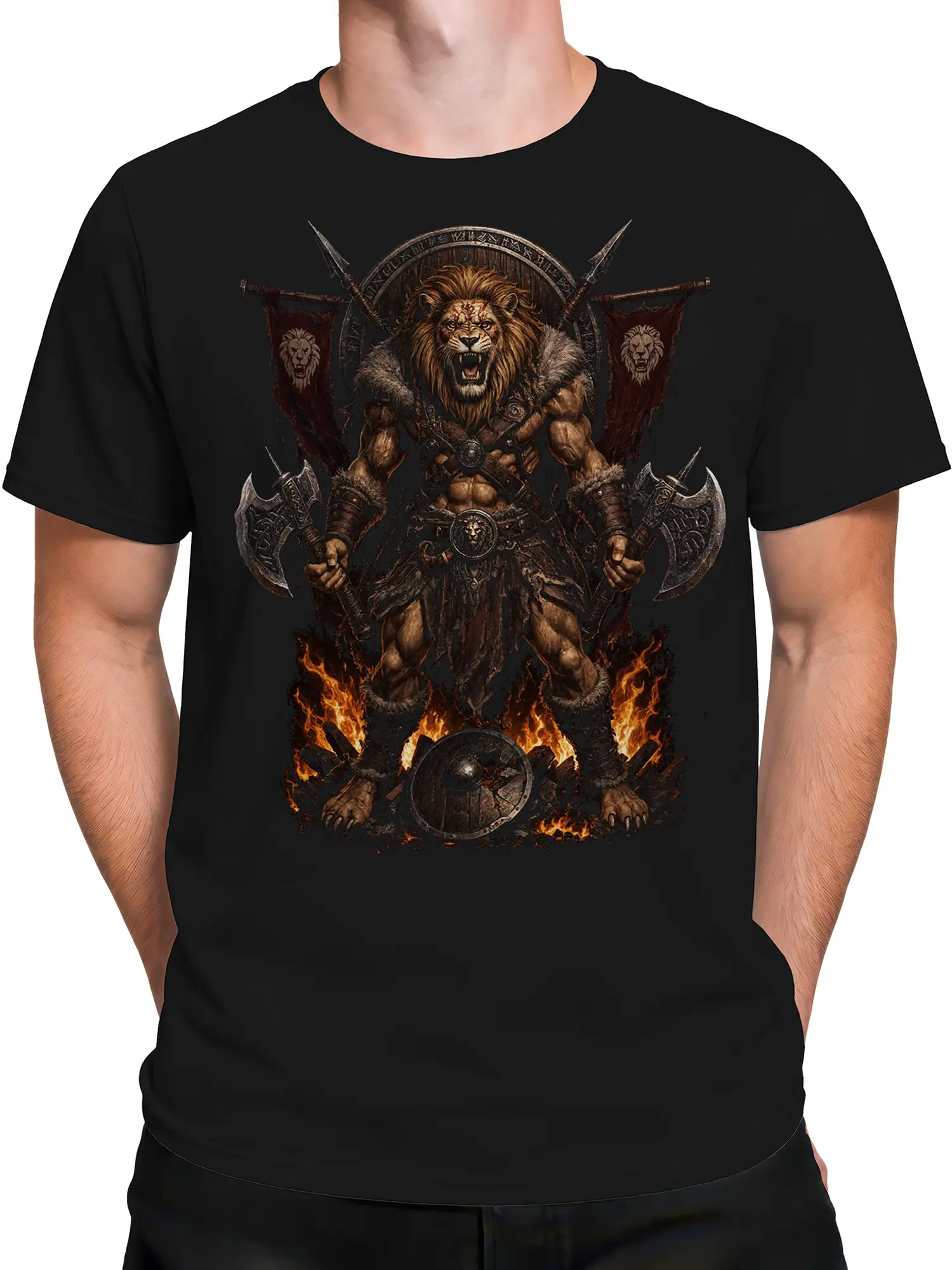 Male torso wearing a black T-shirt with a fierce armored lion warrior and twin axes