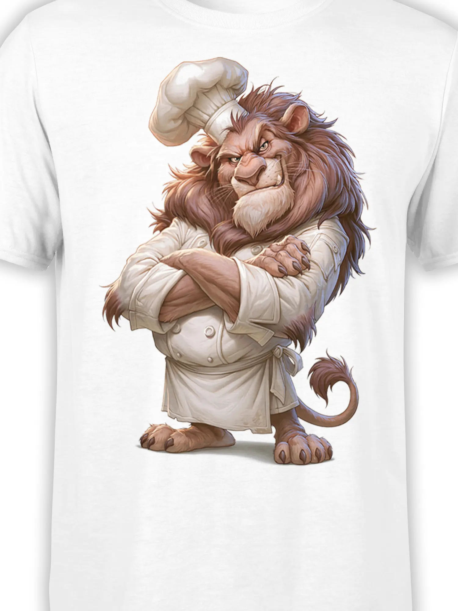 Detailed lion chef artwork with a proud expression and crossed arms on a white T-shirt