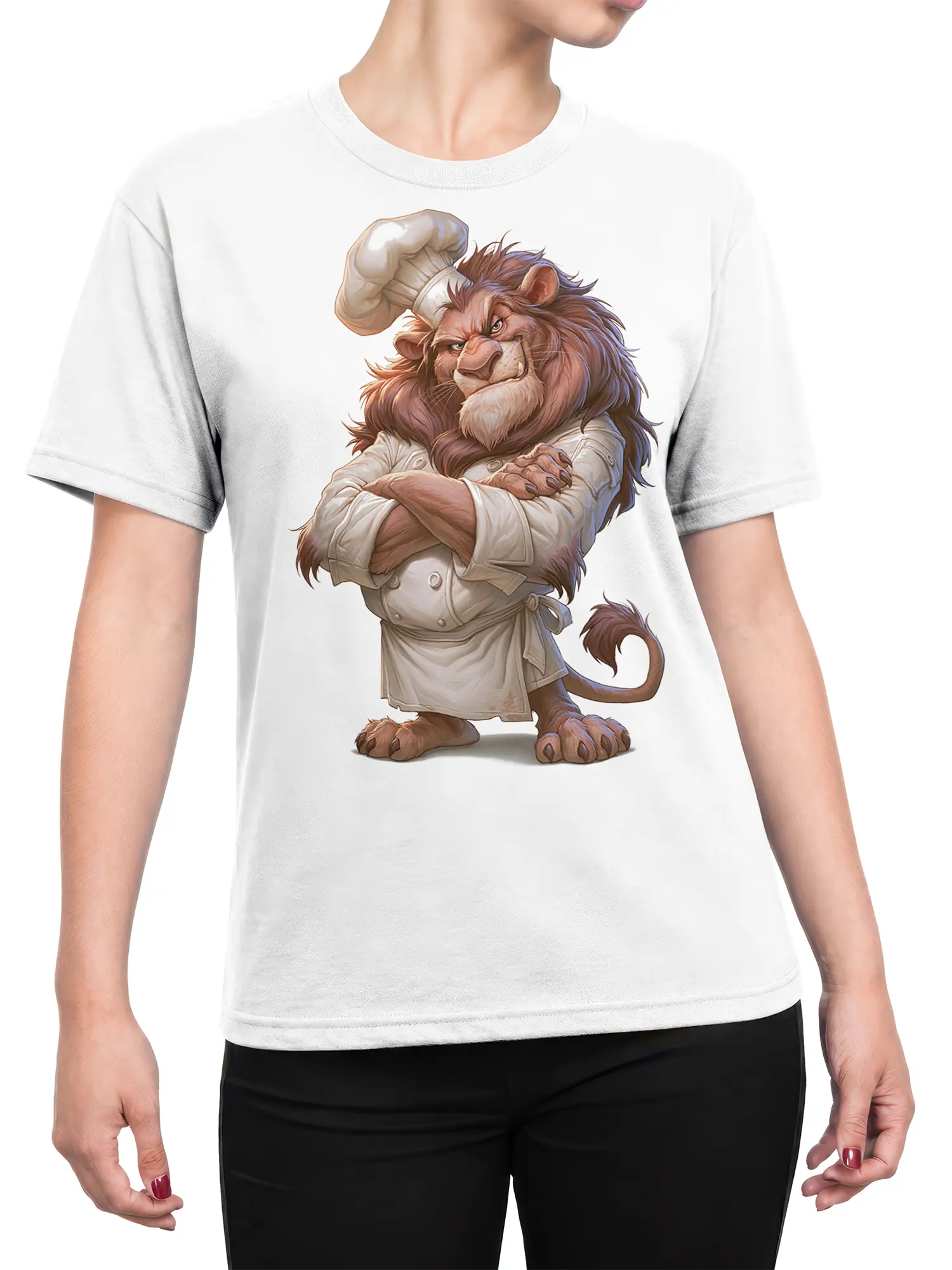 Female torso wearing a white T-shirt with a detailed lion chef and crossed arms