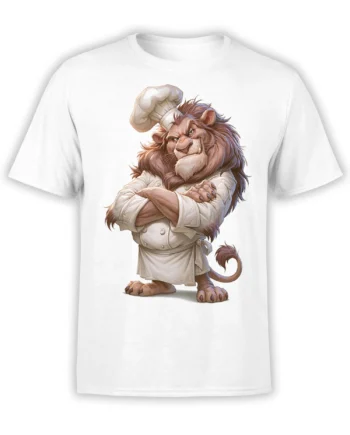 Majestic lion chef with crossed arms and a tall hat printed on a white T-shirt