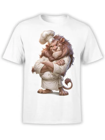 Majestic lion chef with crossed arms and a tall hat printed on a white T-shirt