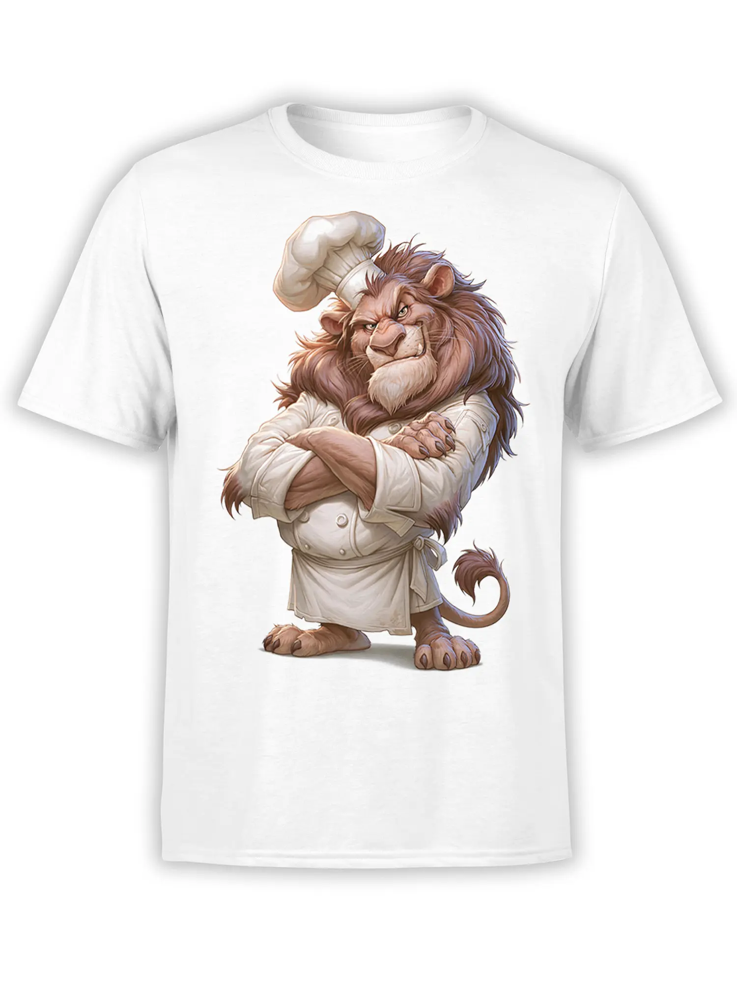 Majestic lion chef with crossed arms and a tall hat printed on a white T-shirt
