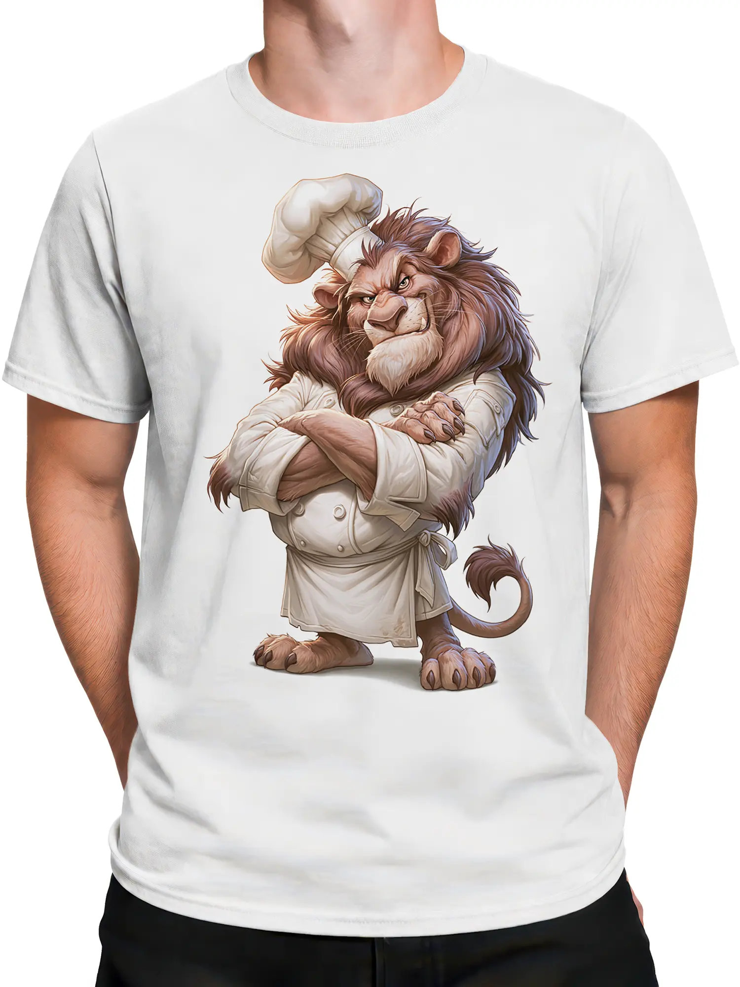 Male torso wearing a white T-shirt with a proud lion chef illustration