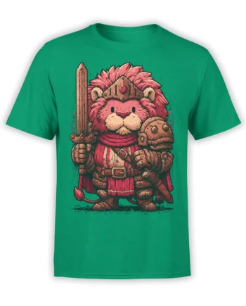 Crowned pink cat warrior wearing armor and a red cape, holding a sword and shield on a green shirt