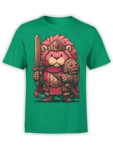 Crowned pink cat warrior wearing armor and a red cape, holding a sword and shield on a green shirt