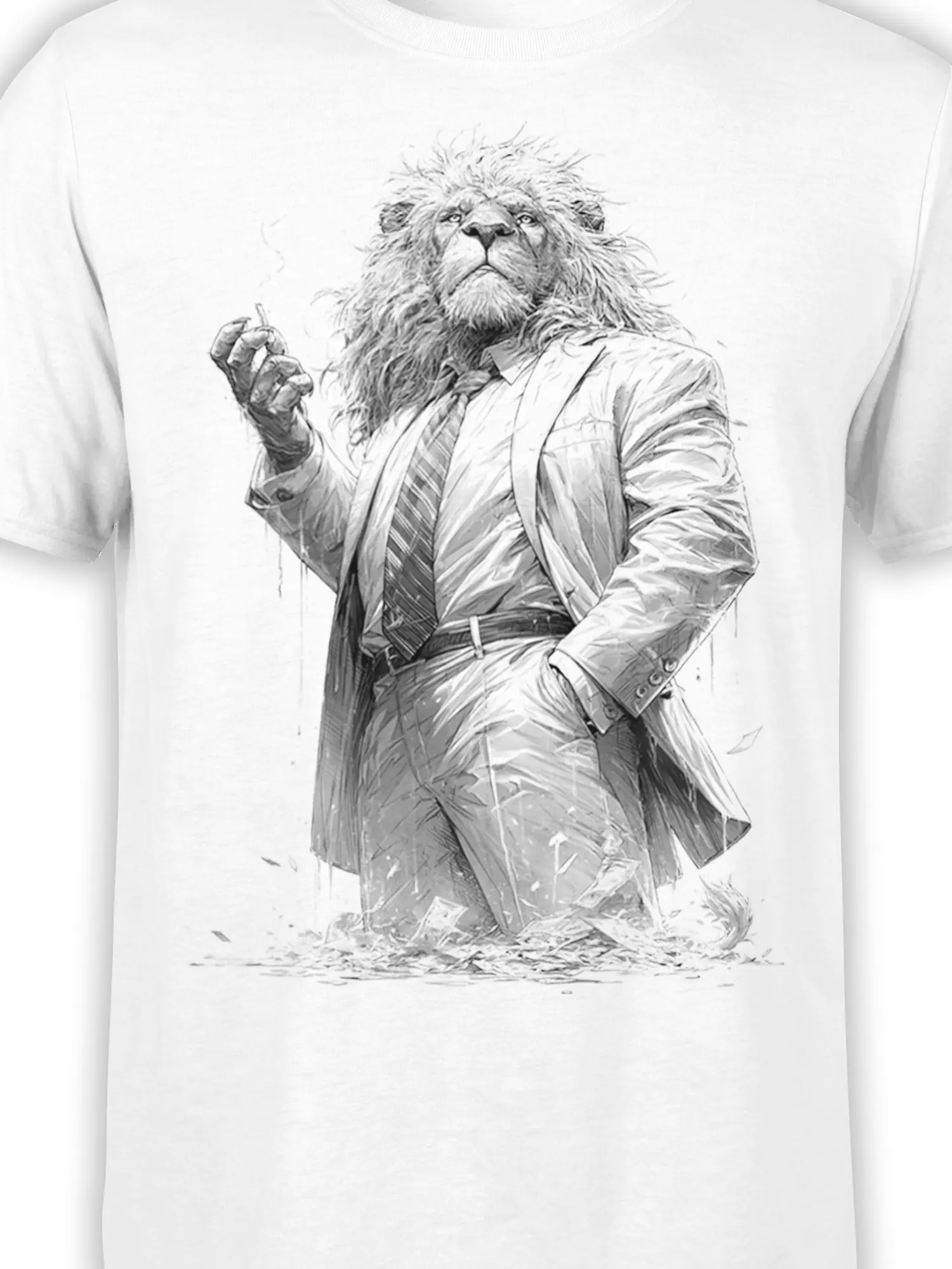 Detailed monochrome lion wearing a suit and striped tie on a white graphic T-shirt