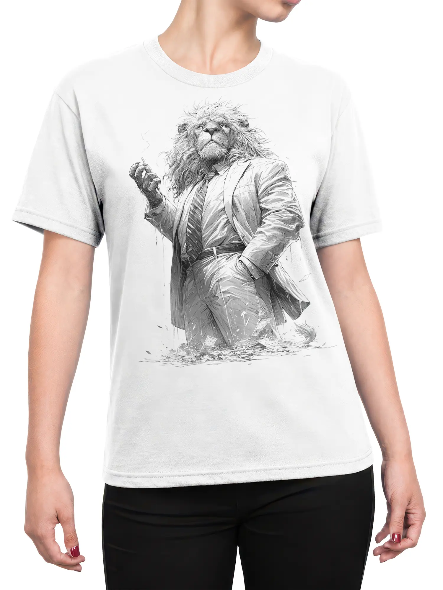 Female torso wearing a white T-shirt with a monochrome suited lion graphic and striped tie