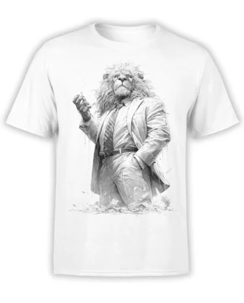 Monochrome lion in a tailored suit and striped tie printed on a white T-shirt