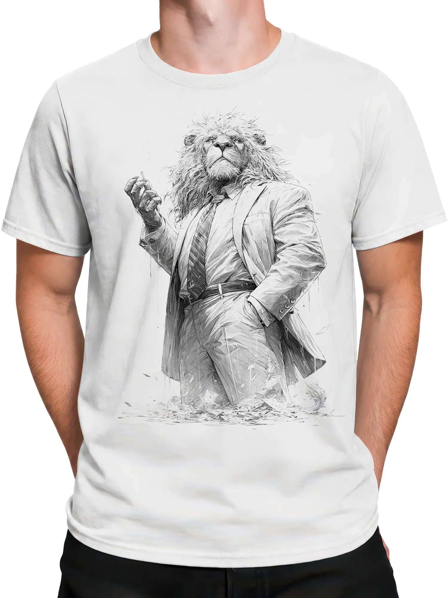 Male torso wearing a white T-shirt with a monochrome lion in a tailored suit