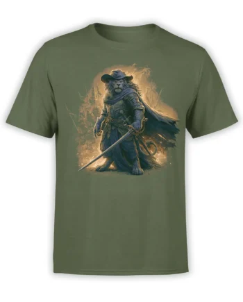 Armored cat warrior wearing a wide-brimmed hat and cape on a green fantasy T-shirt