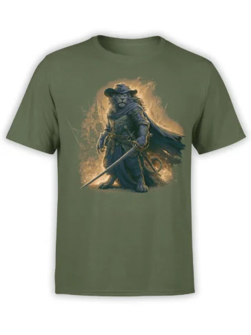 Armored cat warrior wearing a wide-brimmed hat and cape on a green fantasy T-shirt
