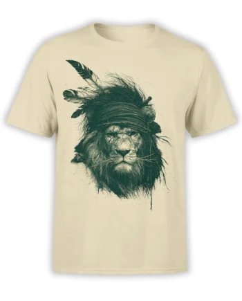 Detailed lion portrait with feathered headpiece printed on a beige T-shirt