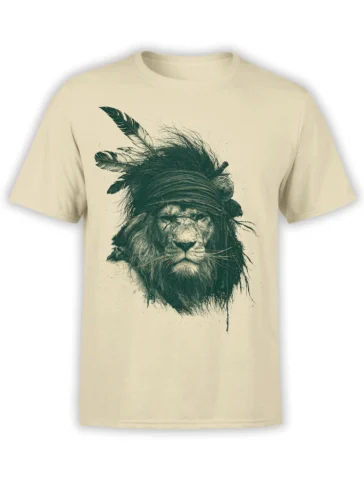 Detailed lion portrait with feathered headpiece printed on a beige T-shirt