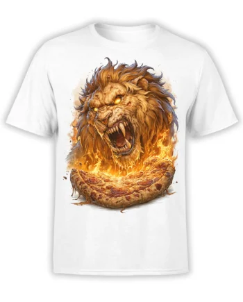 Roaring lion with glowing eyes and flaming pizza artwork printed on a white T-shirt