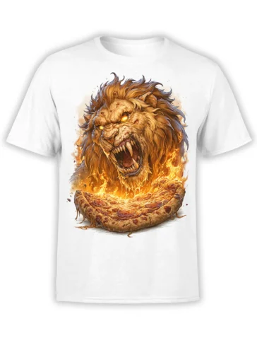 Roaring lion with glowing eyes and flaming pizza artwork printed on a white T-shirt