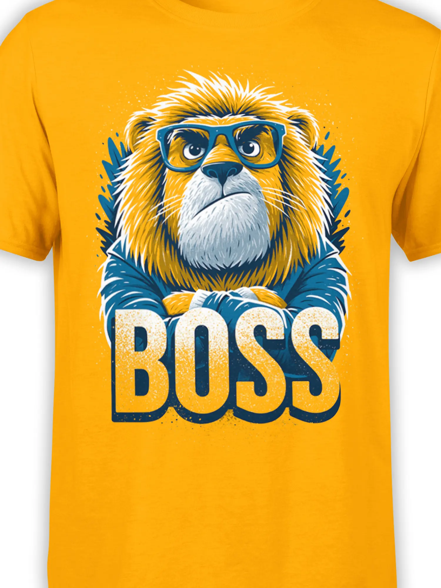 Close-up of lion in blue glasses with crossed arms and BOSS print on orange shirt