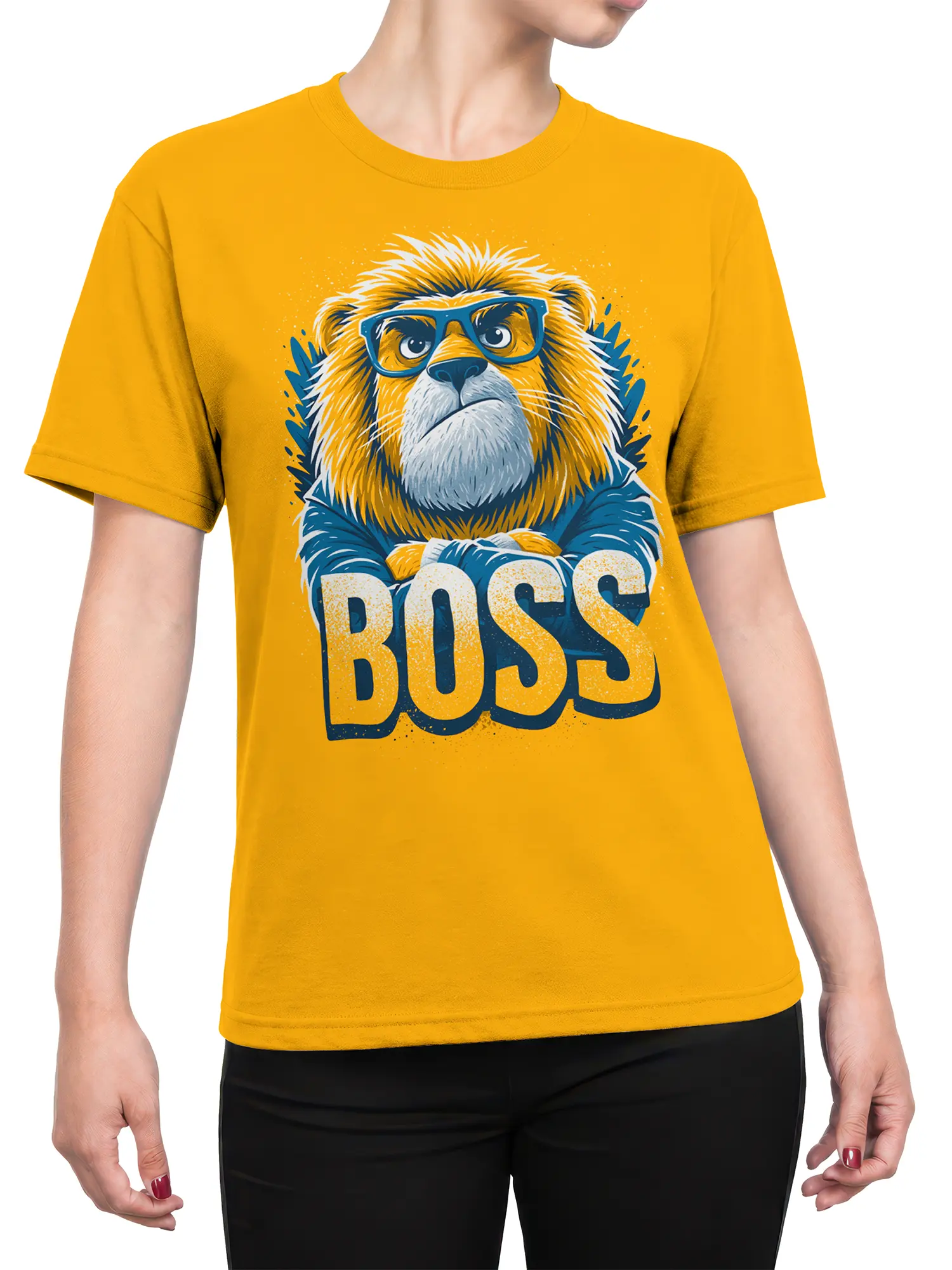 Female torso wearing orange T-shirt with boss lion, blue glasses, and bold BOSS lettering