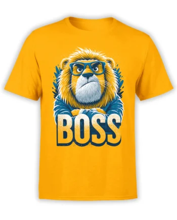 Boss lion wearing blue glasses with crossed arms and BOSS lettering on an orange T-shirt
