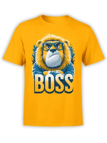 Boss lion wearing blue glasses with crossed arms and BOSS lettering on an orange T-shirt
