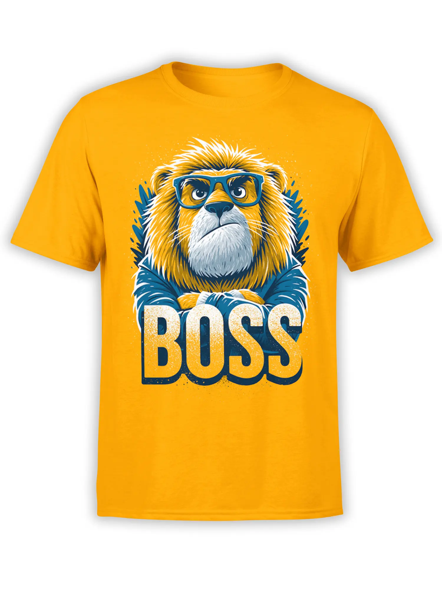 Boss lion wearing blue glasses with crossed arms and BOSS lettering on an orange T-shirt