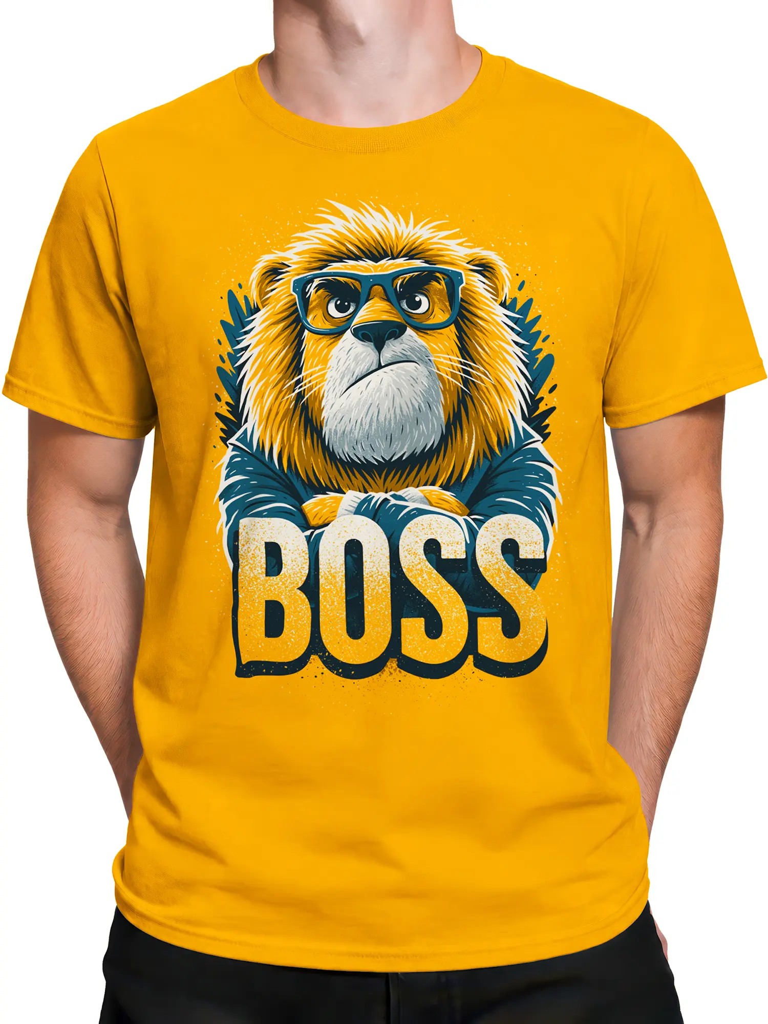 Male torso wearing orange T-shirt with crossed-arm lion and distressed BOSS design