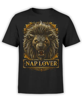 Majestic roaring lion with golden ornaments and Nap Lover lettering on a black lion T-shirt