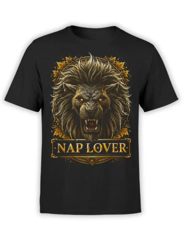 Majestic roaring lion with golden ornaments and Nap Lover lettering on a black lion T-shirt