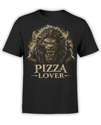 Horned fantasy beast with glowing eyes and PIZZA LOVER lettering on a black T-shirt