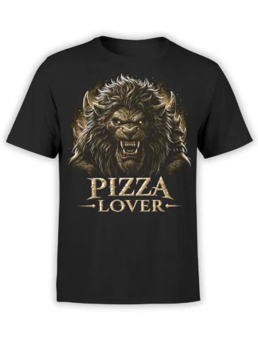 Horned fantasy beast with glowing eyes and PIZZA LOVER lettering on a black T-shirt