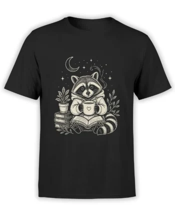 Cozy raccoon reading with coffee, books, plants, moon, and stars on a black T-shirt