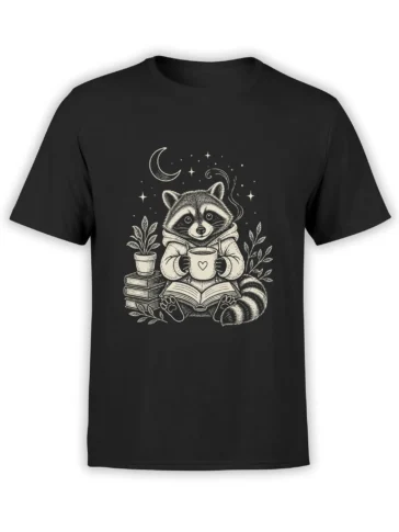 Cozy raccoon reading with coffee, books, plants, moon, and stars on a black T-shirt