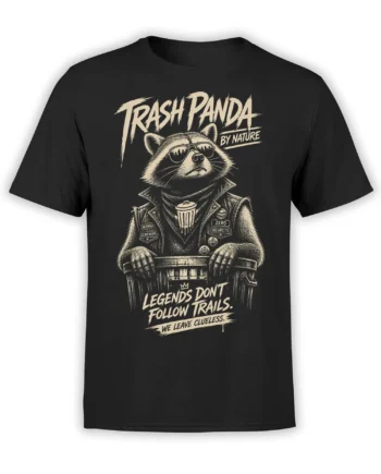 Black T-shirt with a cream trash panda raccoon in sunglasses, biker vest, and bold rebellious lettering