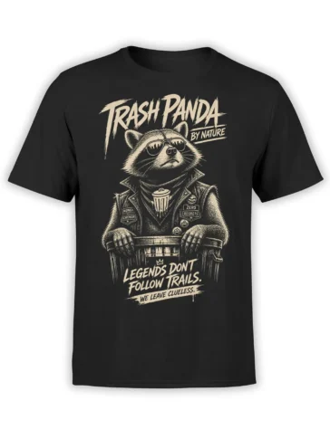 Black T-shirt with a cream trash panda raccoon in sunglasses, biker vest, and bold rebellious lettering