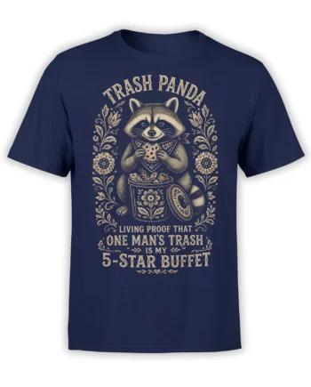 Vintage trash panda raccoon holding a cookie beside a floral trash can on a navy T-shirt