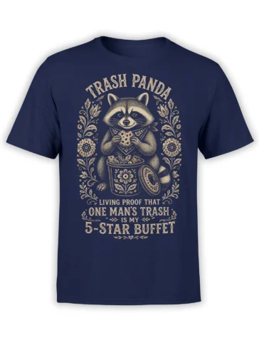 Vintage trash panda raccoon holding a cookie beside a floral trash can on a navy T-shirt