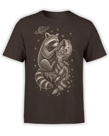 Brown T-shirt with a detailed raccoon reaching toward a melting planet amid stars, bottles, fish bones, and cosmic debris
