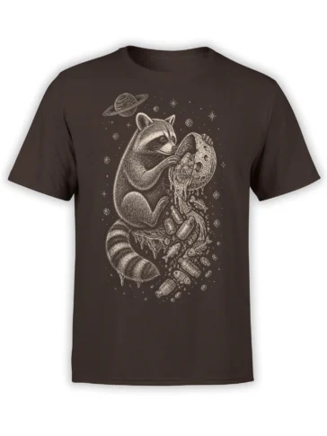 Brown T-shirt with a detailed raccoon reaching toward a melting planet amid stars, bottles, fish bones, and cosmic debris