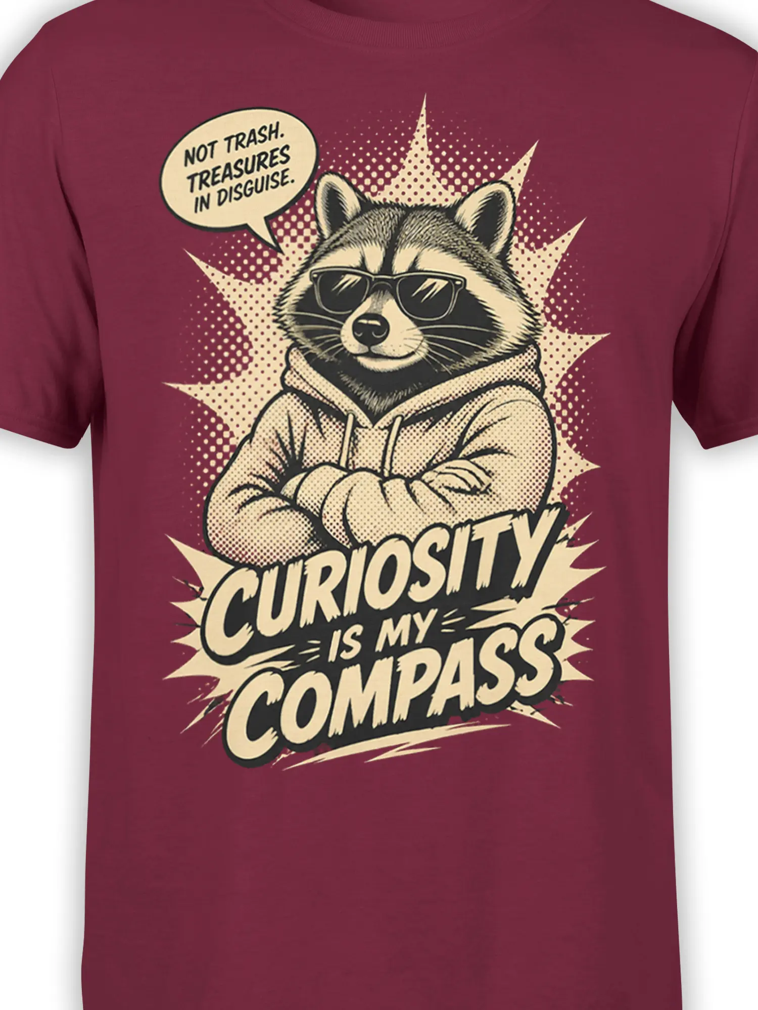 Close-up of the raccoon sunglasses and “Not Trash. Treasures in Disguise.” text on burgundy fabric