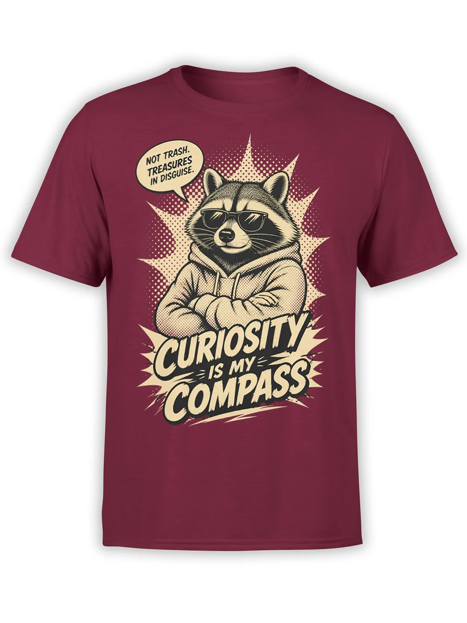 Curious raccoon in sunglasses and hoodie on a burgundy T-shirt with “Curiosity Is My Compass” text