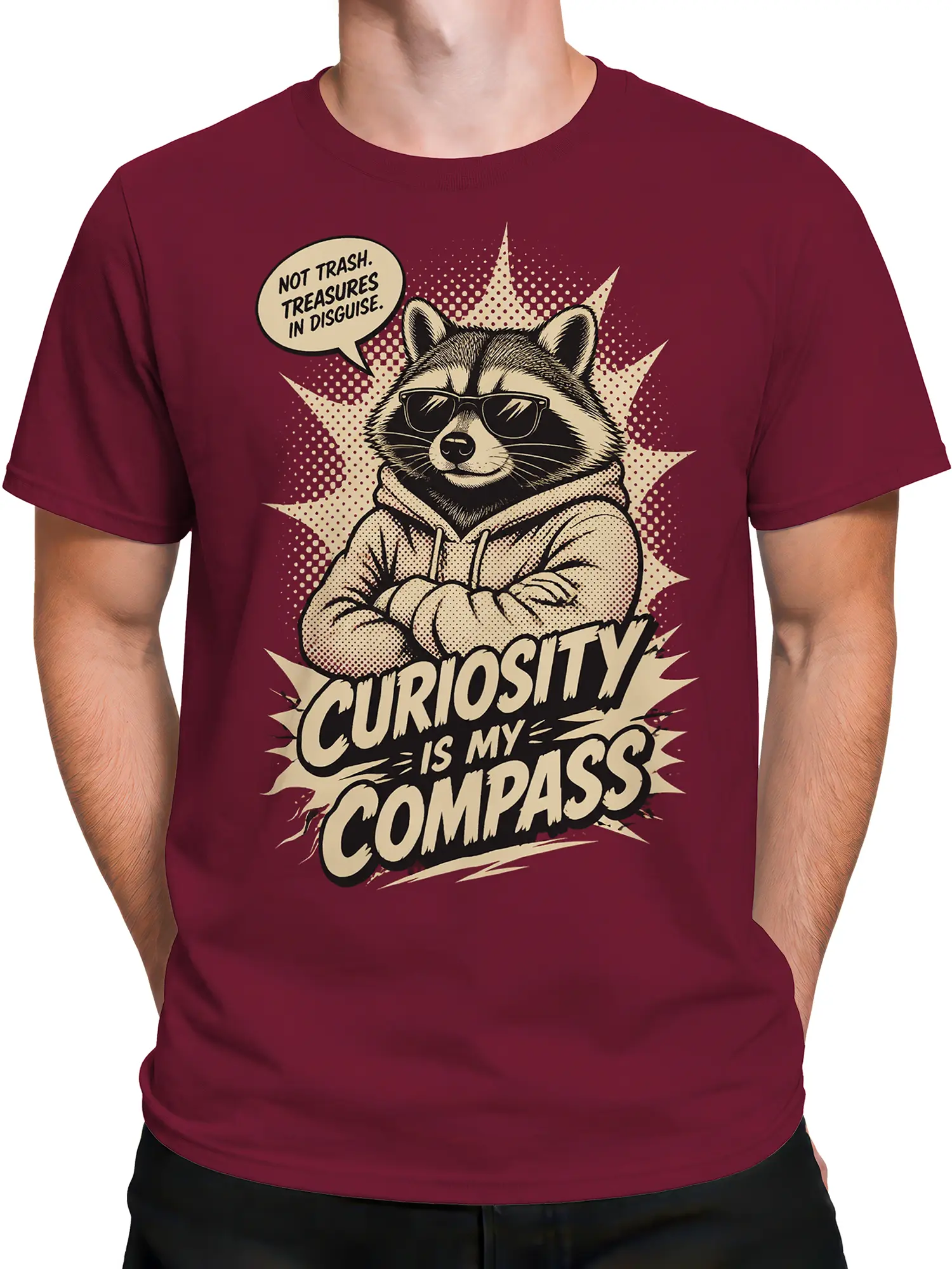 Male torso wearing a burgundy raccoon T-shirt with sunglasses and vintage comic-style lettering