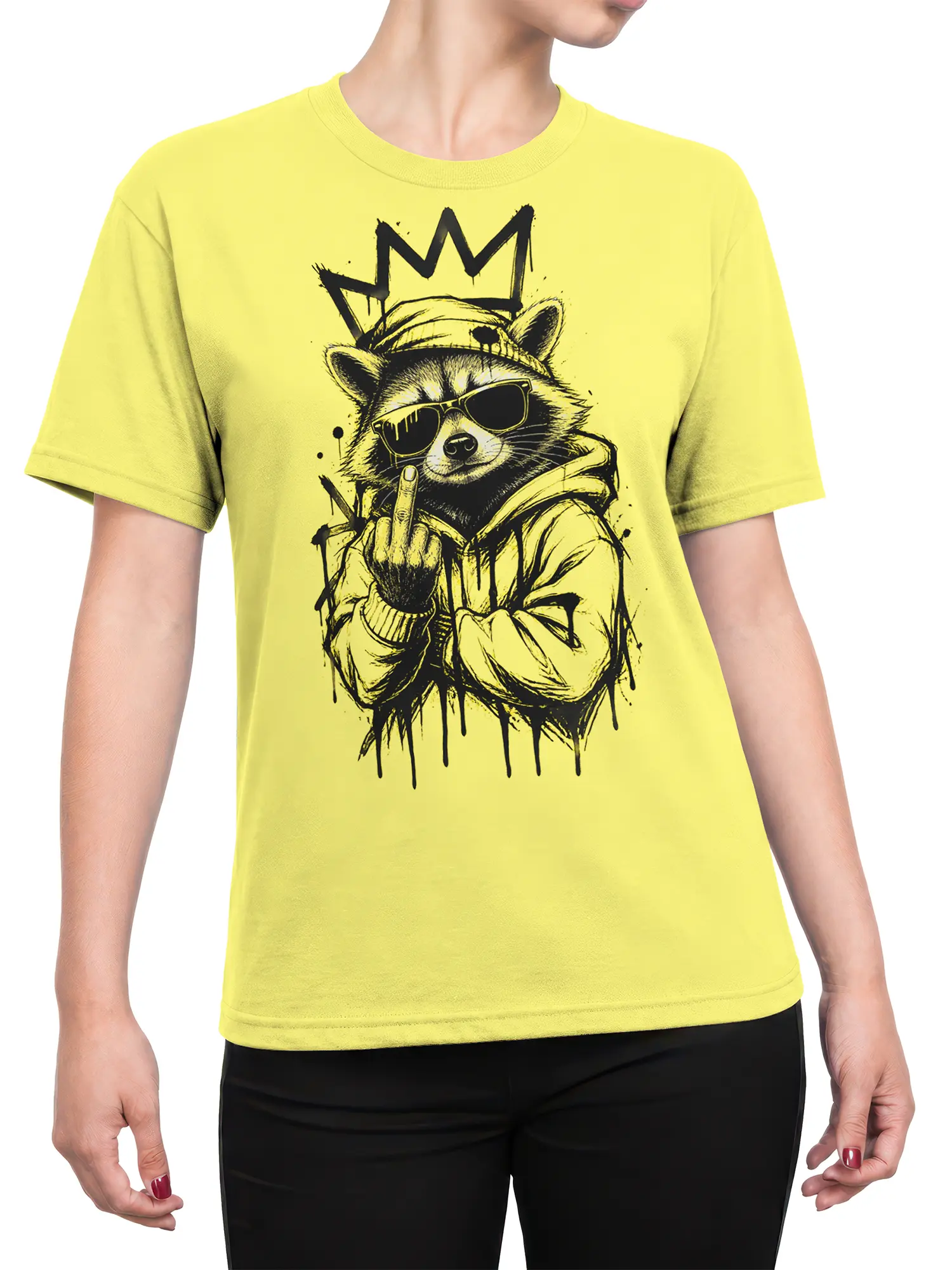 Female torso wearing a yellow T-shirt with crowned raccoon sunglasses graphic and rebellious street-art style