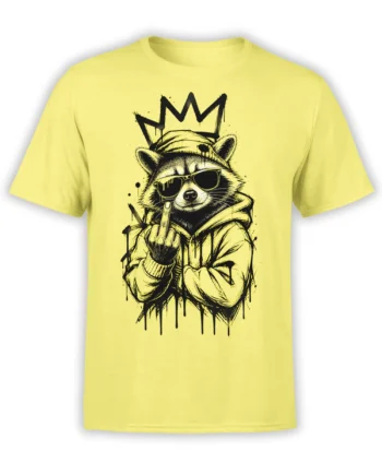 Crowned raccoon in sunglasses and hoodie making a rude gesture on a yellow graphic T-shirt