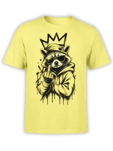 Crowned raccoon in sunglasses and hoodie making a rude gesture on a yellow graphic T-shirt