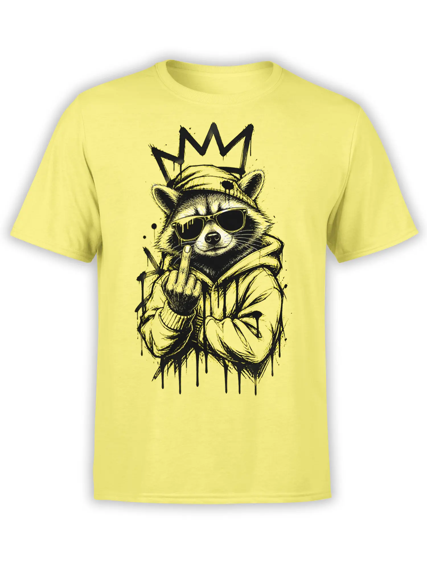 Crowned raccoon in sunglasses and hoodie making a rude gesture on a yellow graphic T-shirt