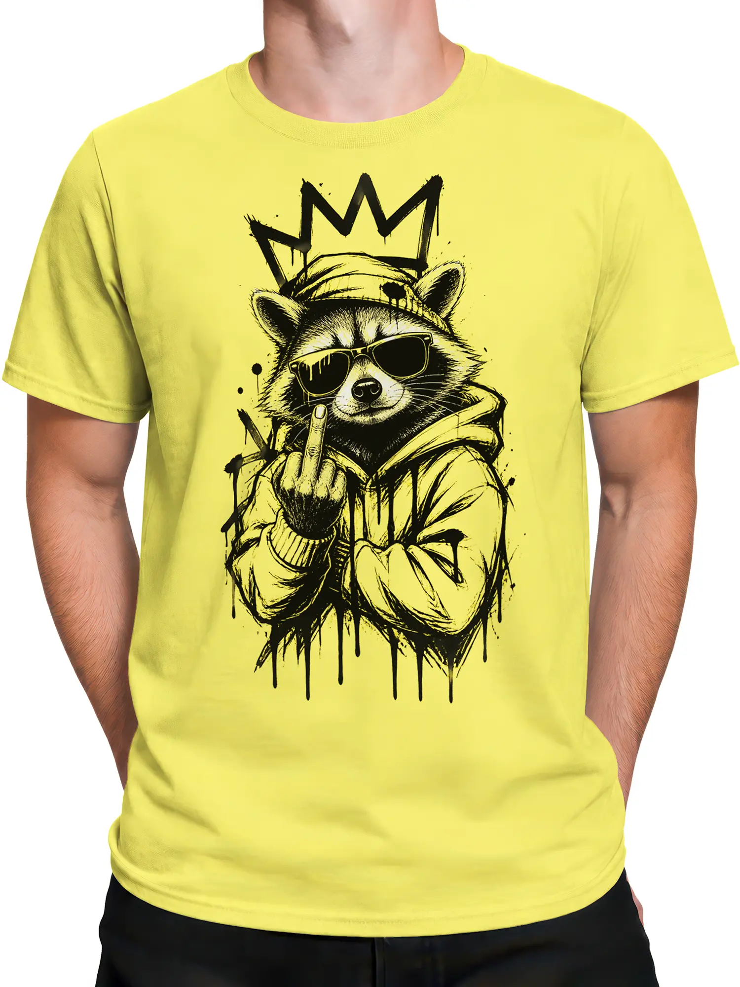 Male torso wearing a yellow crowned raccoon T-shirt with bold black street-art artwork